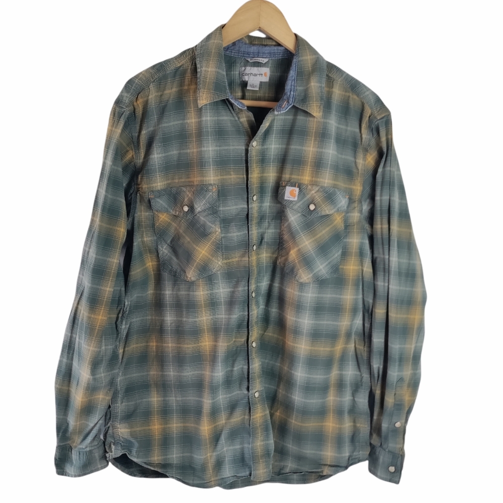 Carhartt green plaid pearl snap long sleeve shirt
